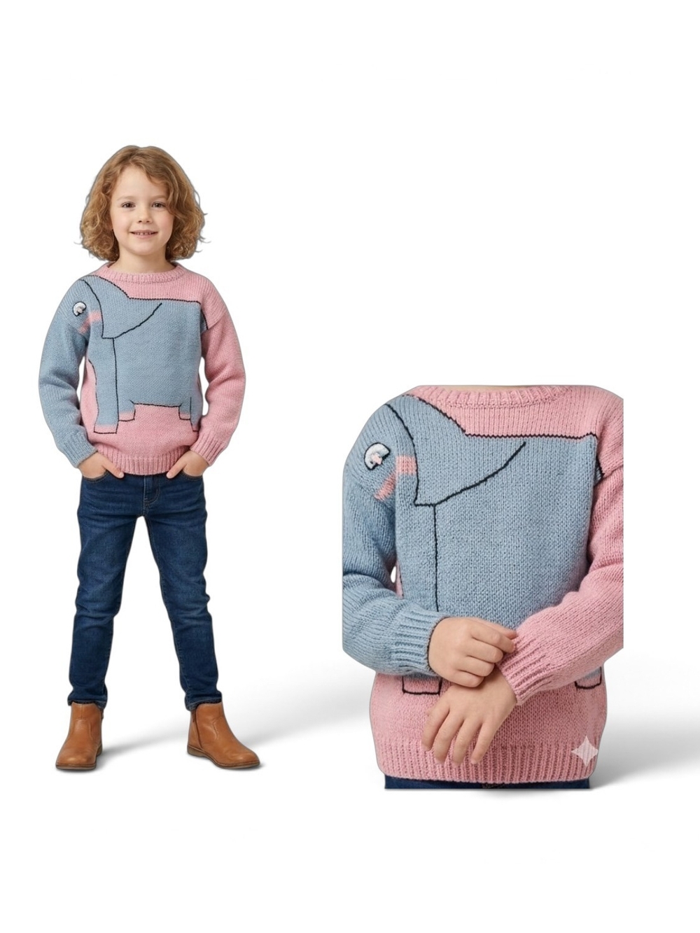 VTG Intarsia Knit Kids Sweater 6/7 Blue Pink Elephant Cute Animal Whimsical Play